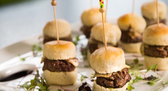 Lunch catering mini burgers from Blue Ridge in Western VA.